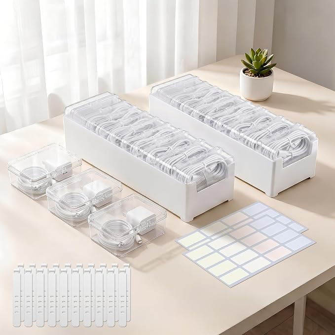 ARVOK 2 Sets Cable Cord Organizer Box with 20 Adjustable Compartments | Cable Storage Box with Lid，Solution for Cable Chaos Charger Cables, Organizer for Home Office Desk Organizers and Accessories by ARVOK