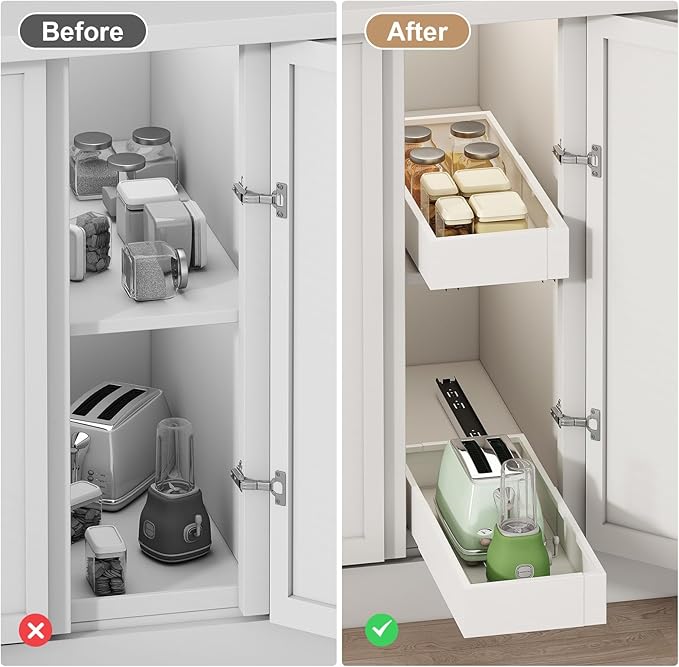 Fokyfok Pull out Cabinet Organizer,7"-11"W,17"-24"D,Expandable,Adhesive | No Drill,Adjustable Slide out Drawers for Kitchen,Pantry,Roll out Shelves,for Cabinets Without Lip,Bathroom,White,1PC - Image 6