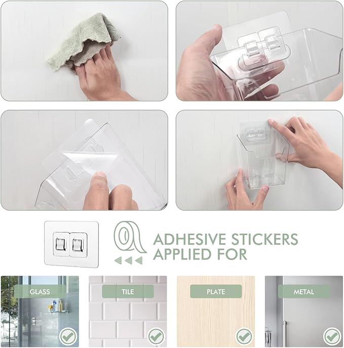 Clear Adhesive Wall Storage Bins, 4 Pack Cabinet Door Organizer Cups(Small) | Clear PET Hanging Wall Mount Pockets, Plastic Caddy for Shower Bathroom Makeup Office Craft Kitchen Sink RV Organization - Image 4