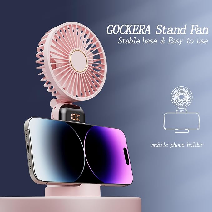 GOCKERA Portable Fan, 4200mAh Battery Operated Fan, 5 Speeds&Digital Display, Makeup Fans for Women with Base, 180°Foldable 3in1 Handheld/Neck/Desk Fan for Outdoor Indoor,Ultra Quiet (Pink) - Image 5