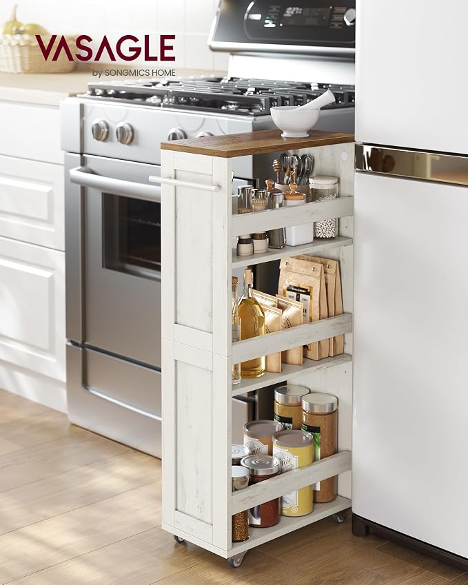 VASAGLE 4-Tier Slide-Out Storage Cart, Slim Kitchen Cart for Small Spaces, with Wheels, Handle, Bathroom, Laundry Room, 7.9 x 17 x 34.1 Inches, Rustic White and Honey Brown ULRC051K01 - Image 2