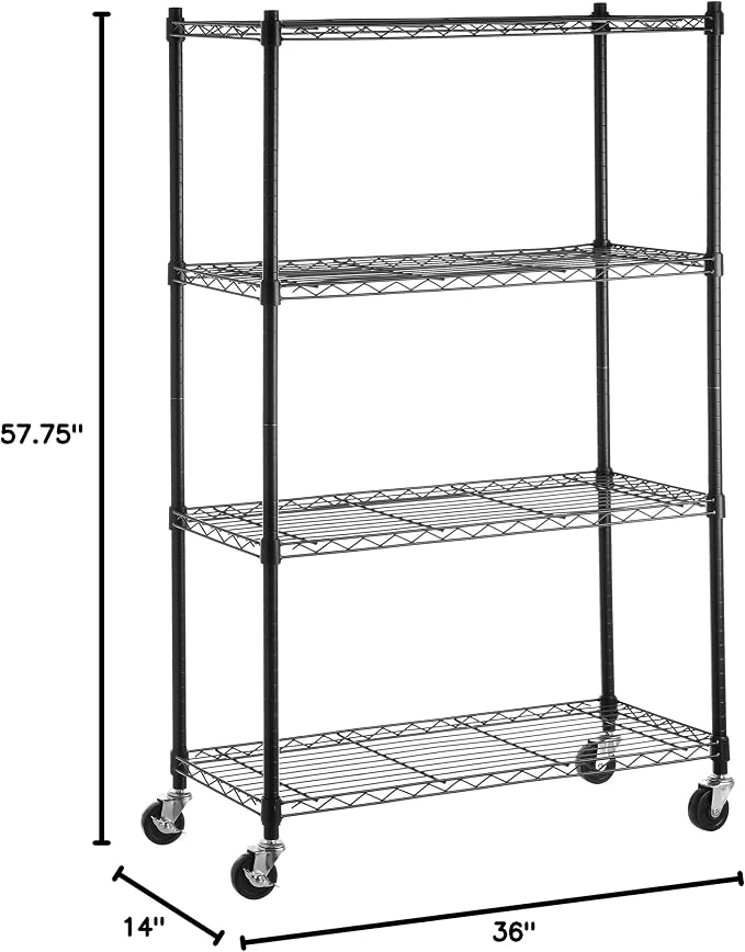Amazon Basics 4-Shelf Heavy Duty Garage Shelving Storage Unit on 3" Wheel Casters, Adjustable Metal Wire Rack with Leveling Feet, 36" x 14" x 57.75", Black - Image 7