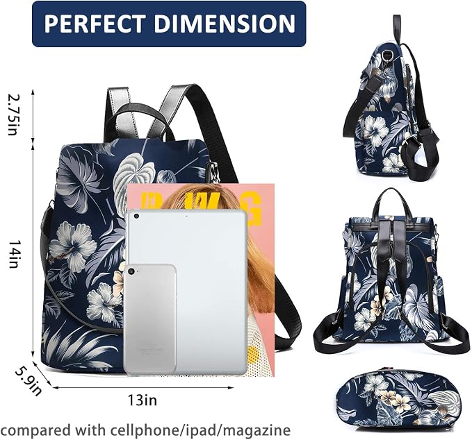 Waterproof Backpack Purse for Women Anti Theft Fashion Daypack Nylon Travel Bag Crossbody Shoulder Bag - Hawaii Flower 13"x5.9"x13.9" | Hidden Back Zipper Opening, Compact Travel Size,Summer Purse, Daypack for College Work, Hawaii Flower Back pack - Image 2