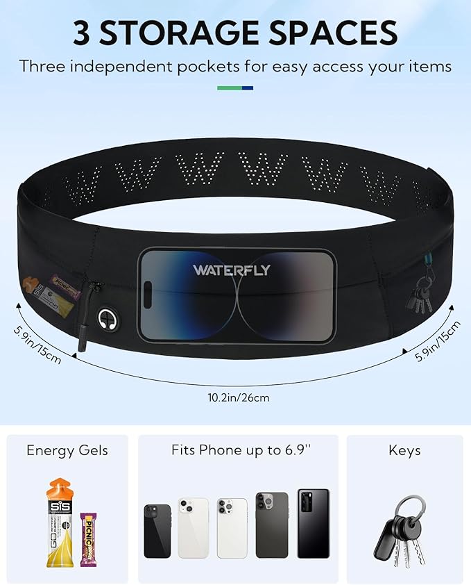 WATERFLY Running Belt Fanny Pack: Slim Lightweight Waist Bag for Runners | Trim-to-Size Hook & Loop Fit 24"-47", Workout Phone Holder, 3 Pockets, Reflective Strip, Fitness Jogging Exercise, Women, Men - Image 4