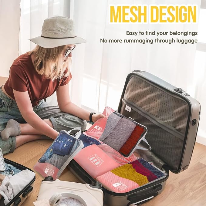 Compression Packing Cubes 8 Set, Dual Zipper Compression Packing Cubes for Travel, See-Through Mesh Packing Bags for Suitcases, Compression Travel Cubes with Shoe Bag (Pink) - Image 2