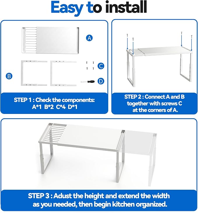 Expandable Cabinet Shelf Organizer, Stackable Countertop Shelves, White | 15.8''- 25.5'' In Cabinet Shelf, Adjustable Kitchen Cabinet Organizer for Pantry Organizer, CupBoard Organizers and Storage - Image 8
