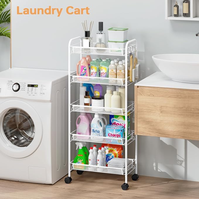 TOOLF 5 Tier Rolling Cart, Metal Utility Storage Cart with Wheels, White | 3 Hooks, Screwless Assembly, Trolley Organizer for Bathroom, Kitchen, Office, Nursery, Dorm, Laundry Room - Image 7