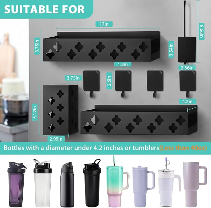 Magnetic Water Bottle Organizer for Fridge, Magnetic Cup Holder for 30 40 Oz with Tumbler Lid & Straw Organizer & Magnet Hooks, 8 Tumblers Kitchen Storage Rack for Cup Accessories, Space-Saving - Image 2