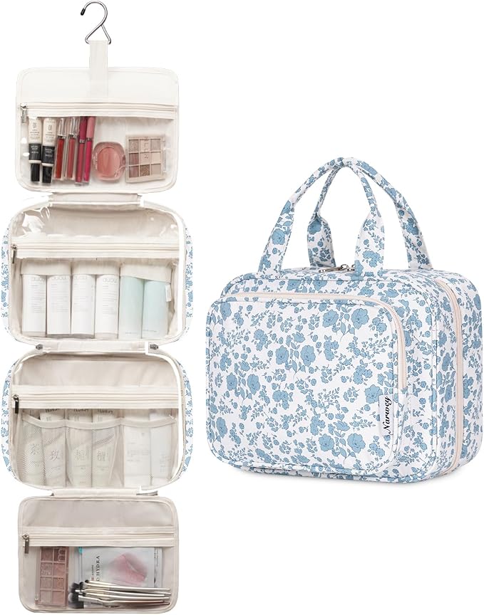 Narwey Travel Toiletry Bag for Women Large Hanging Makeup Bag Organizer Toiletries Bag for Full Size Essentials Accessories Cosmetics (Blue Flower (Large)) - Image 4