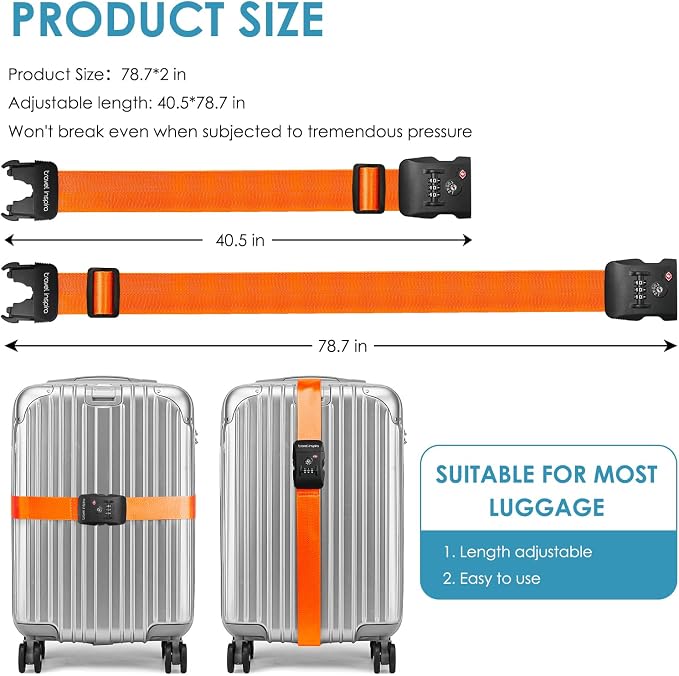 Travel Inspira Heavy Duty Luggage Straps with TSA Lock | Anti-Burst Protection; High Visibility Orange; TSA-Lock Belt with Tag; Adjustable 103-200cm; 20-28 Inch Bags; Anti-Burst - Image 7