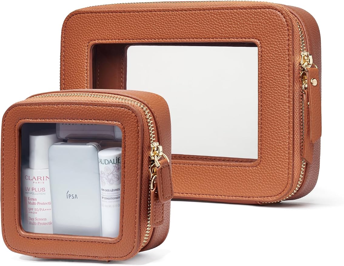 Clear Makeup Case Toiletry Bag Travel Medium Clear Cosmetic Bag with Zipper, Make Up Bag Organizer Traveling TSA Approved Transparent Bag Car for Essentials, Mini & Medium, Brown by POPVIBE