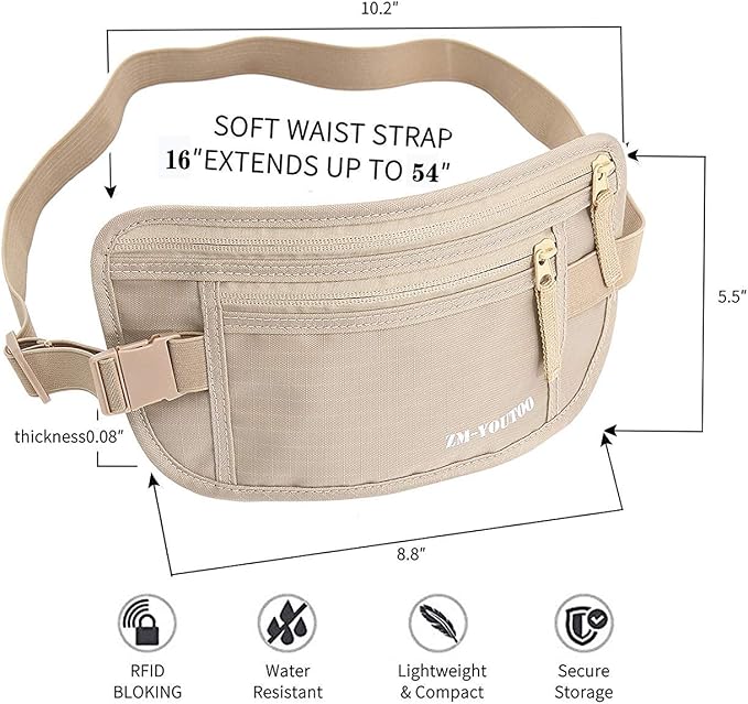 ZM-YOUTOO Money Belt for Travel - Hidden Travel Pouch Protect Your Credit and Money With RFID Blocking Passport Holder Waist Wallet (Khaki) - Image 6