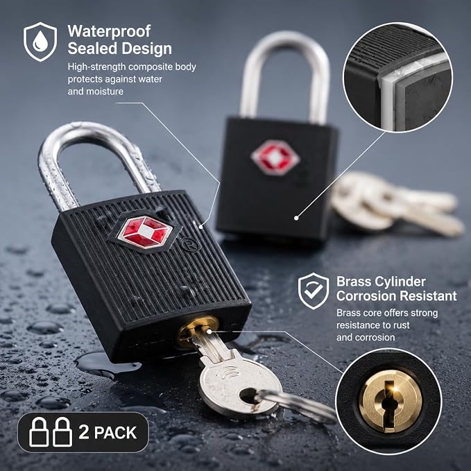 [2 Pack] Luggage Locks with 2 Keys, TSA Approved Padlock, Small Travel Lock | Solid Brass Copper Keyed Padlock for Luggage, Suitcases, Backpacks, Travel Bags, Gym Locker, Jewelry Box, Black - Image 2