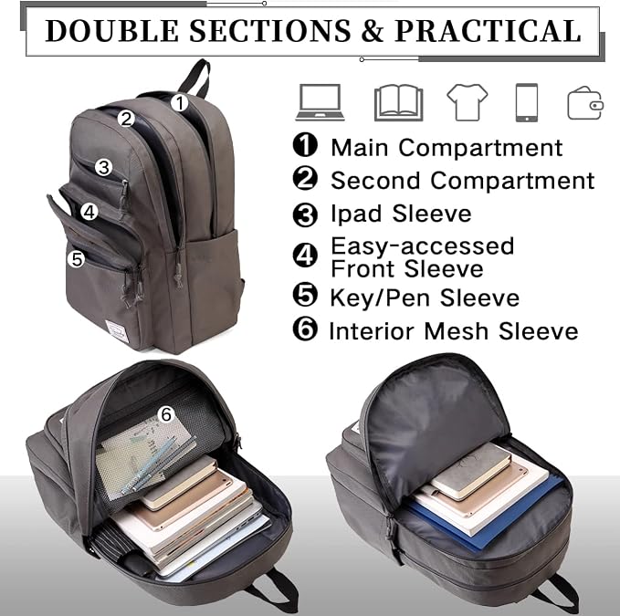 VASCHY School Backpack for Men, Unisex Large Bookbag Schoolbag Casual Daypack for High School/College/Teens/Travel/Work Gray - Image 5