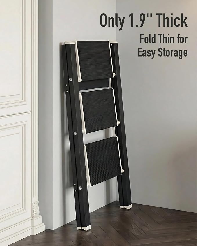 Mayi Plus 3 Step Stool Foldable, Aluminum, Lightweight Step Ladder | Extra-wide anti-slip folding steps with 330 lbs, for home,kitchen,office,outdoor,Ebony woodgrain - Image 9