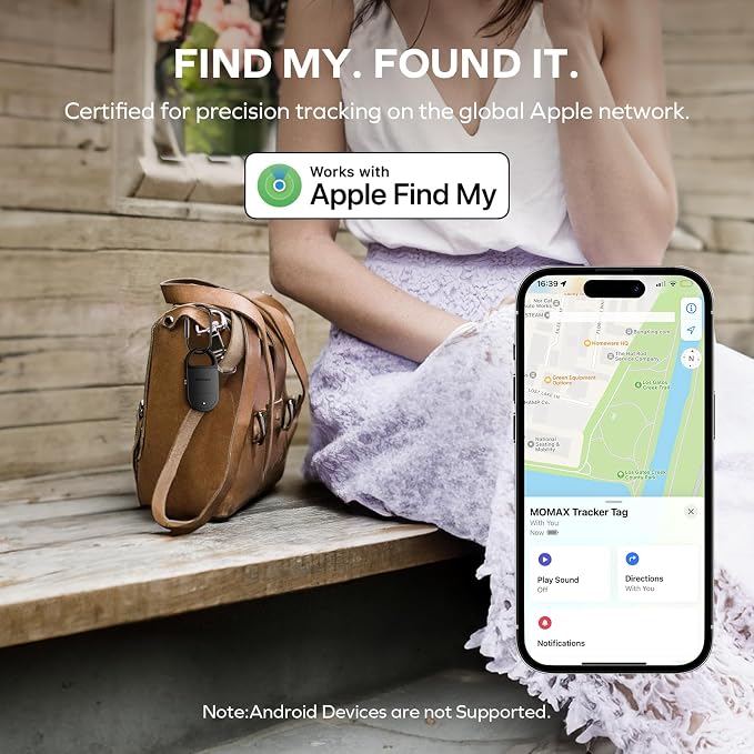 Momax Key Finder Tracker Tag – Smart Personal Alarm Rechargeable Tracking Device with SOS Alert & LED Strobe, Find My (iOS Only), Anti-Lost Tags with Keychain, Travel Gadget for Women, Girls, White - Image 2