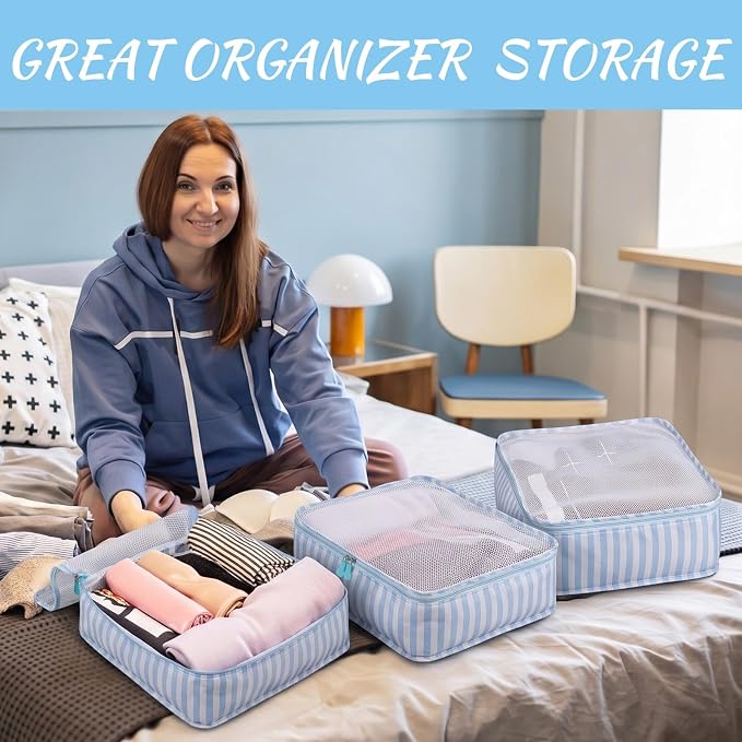 Silkfly 8 Pcs XL Packing Cube for Travel Luggage,Stripe,Blue, White | 17.7 x 13 x 4.7, Same Size, Blue White Stripe Suitcase Storage Organizer Set, Reusable Mesh Clothes Cube for Camp Family - Image 4
