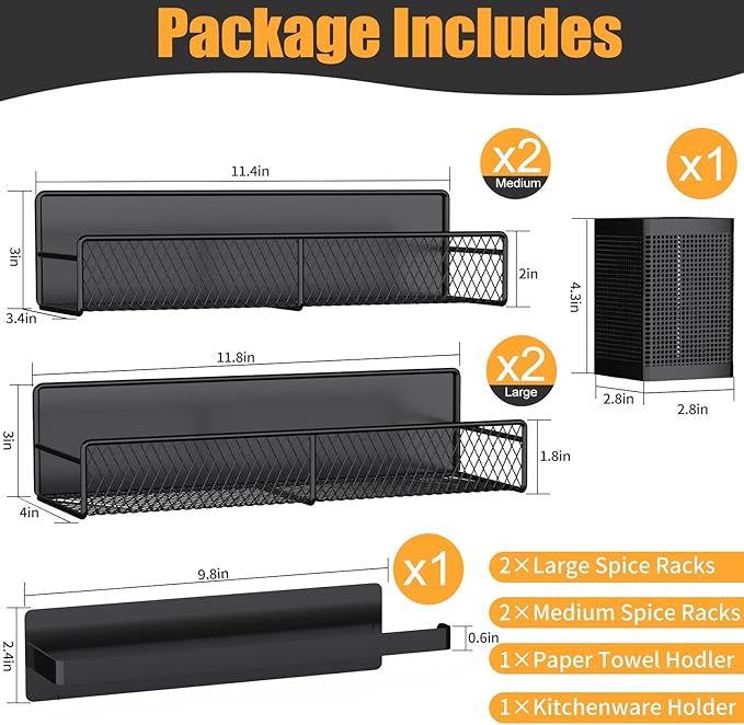 Magnetic Spice Rack for Refrigerator, 6 Pack 100% Metal Strong Magnet Shelf Black, Space Saving Spice Organizer, Home Kitchen Laundry Room Storage Organization W/ Paper Towel Holder, Utensils Racks - Image 2