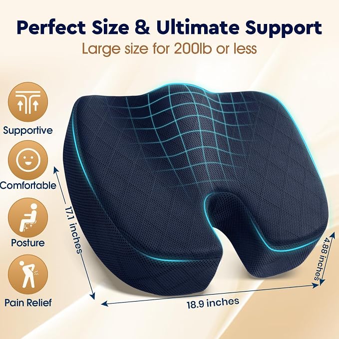 Seat Cushion, Memory Foam Office Chair Cushion - Blue, XXX-Large | for Car Seat, Airplane, Desk Chair - Sciatica & Hip & Coccyx Pain Relief Cushion for Long Sitting Office Workers, Car Drivers - Image 2