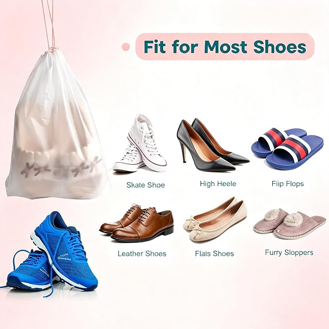 PLULON 26 Pcs Clear Shoe Bags Waterproof Drawstring Bag for Travel | 15.7" x 11.8" Transparent Storage Plastic Bag Shoes Organizer for Packing Dustproof Beach Vacation Cruise Travel Essentials - Image 4