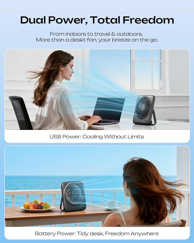 Otlonpe Personal Portable Desk Fan 2 Pack, 4000mAh Small Rechargeable Portable Fan Battery Operated & USB Powered for Travel Sleeping Bedroom Office Home Table, Cordless, Quiet, 4-Speed, 6.5 Inch - Image 2