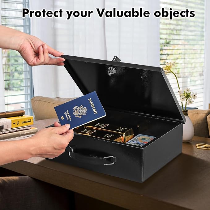 KYODOLED Fireproof Document Box with Key Lock, Large Safe Storage Box for Valuables, Fire Resistance Security Chest, Lock Box for Passport, Cash, Tablet 13.2'' x 11'' x 4.13'' Black - Image 8