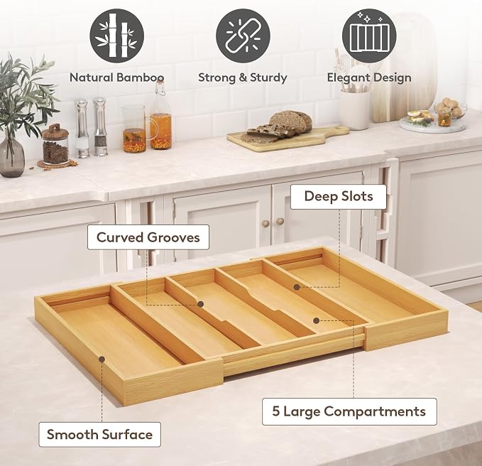Lifewit Bamboo Utensil Organizer for Kitchen Drawer, Cooking Utensil Tray | Expandable Cutlery Silverware Flatware Holder, Wood Adjustable Spatula Tools Storage Divider, 15.6-28 x 18.5", Natural - Image 8