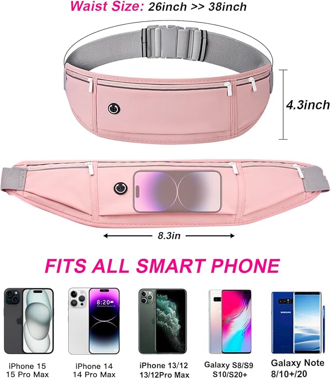Slim Running Belt for Women Men,Runners Fanny Pack Phone Holder,Money Belt,Running Gear Accessories,with 3 Pockets.(Pink) - Image 3