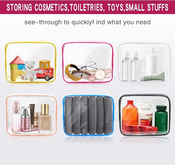 6 Pack Toiletry Bag Makeup Bag Cosmetic Bag, TSA Approved Clear Travel Toiletry Bag wih Zippers, Quart Size Travel Makeup Cosmetic Bag for Women Men, Carry on Airport Airline Compliant Bag, 6 Colors - Image 4