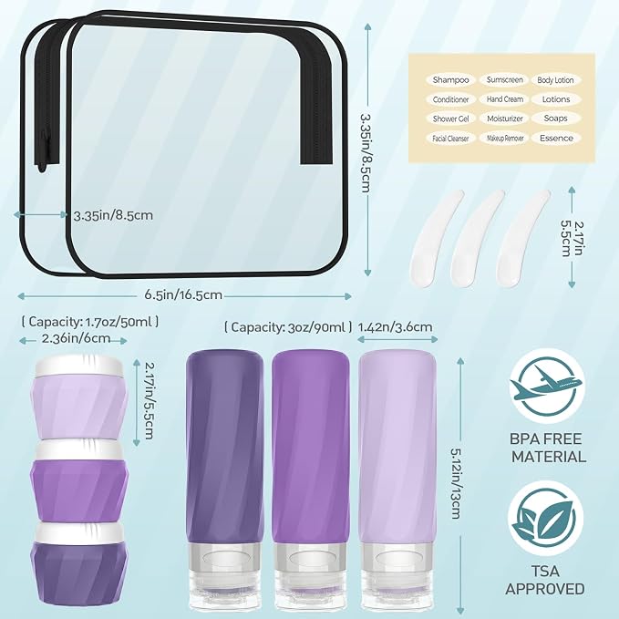 6Pcs Travel Bottles for Toiletries, Silicone Travel Size Containers Set | TSA Approved BPA-FREE Silicone Leak Proof Refillable Bottles and Jars, Women & Men Airplane Cruise Essentials Kit (PURPLE) - Image 2
