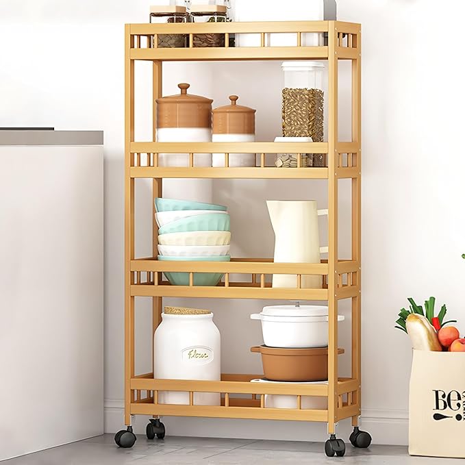 4-Tier Bamboo Utility Kitchen Rolling Cart Trolley Island Storage Shelf | (19.7" L X 7.1" W X37.8" H) Wood Removable Multi-Layer Rack on Wheels by TIE-DailyNec