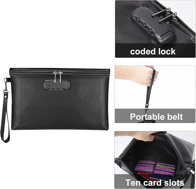 Fireproof Money Bag with Lock, Cash Pouch, 11.2"x7.6", Black | Zipper Closure, Portable Safe Storage for A5 Size Files, Cheque, Cell Phone, Tablet, Credit Card, Passport, Jewelry - Image 3