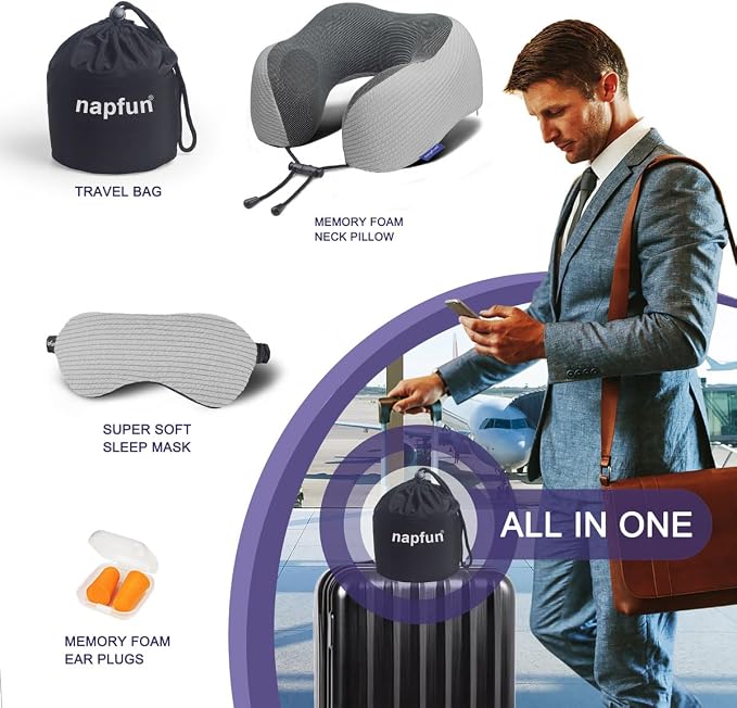 napfun Neck Pillow for Travel with Travel Pouch, Sleep Mask & Earplugs, Memory Foam Airplane Pillow for Headrest Sleep with Eyeshades, Plane Essentials with Eye Blindfold, Light Gray Striped Kit - Image 6