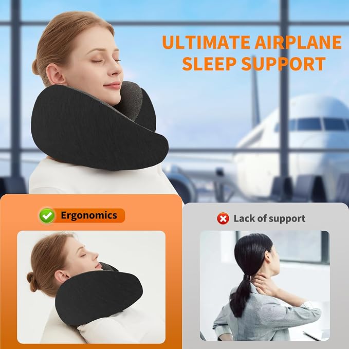 Travel Neck Pillow Airplane, Memory Foam Travel Pillows for Comfort on Sleeper Hold Compact and Ergonomic Design for Traveling Car Rides Home Road Trip Essentials for Adults and Kids (Black) - Image 6