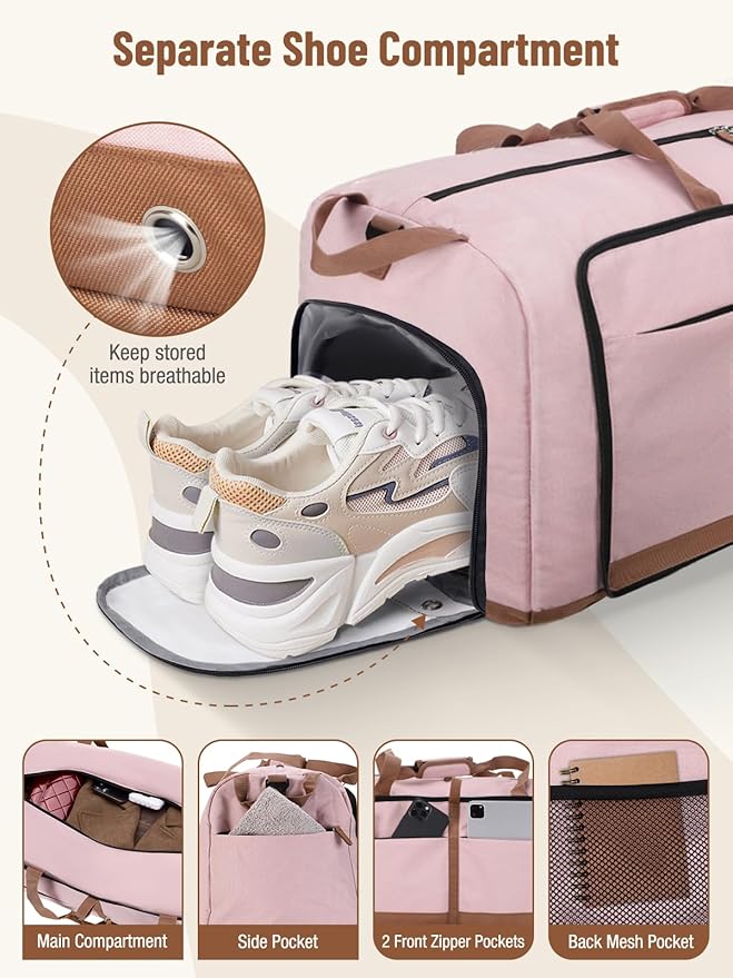 Lekesky Foldable Travel Duffel Bag for Women, 80L Large Duffle Bag with Separate Shoes Compartments & Straps, Carry On Weekend Bag for Women, Hospital, Overnight(Pink) - Image 4
