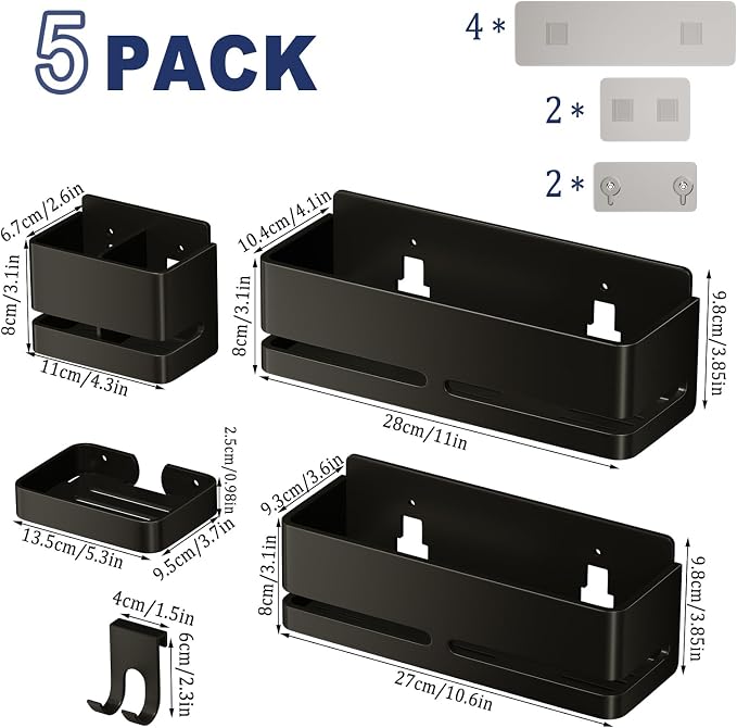 Bathroom Shower Caddy,No Drill Shower Shelves(5-piece Set-Black) | Wall-mounted shelf with soap dish and toothbrush holder, ideal for bathroom storage and also suitable for kitchen - Image 2
