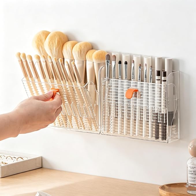 Foldable Adhesive Makeup Brush Holder, 16-Slot Clear Acrylic Organizer with Dual-Row Snap Buckle, Slim No-Drill Design for Medicine Cabinet & Vanity - Image 5
