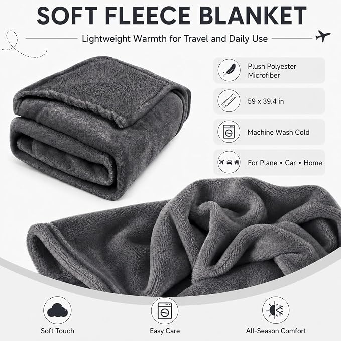 Travel Blanket and Pillow Set - Neck Pillow Airplane Essentials, Dark Grey | Memory Foam, Sleep Mask, Earplugs with Bag, Fleece Soft Comfort for Long Plane Flight Traveling Car Road Trip Flying - Image 5