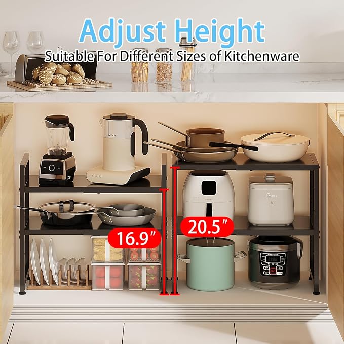 2-Tier Expandable Metal Storage Shelves,150LBS Heavy Duty Shelving Units and Storage For Small Appliance,Adjustable Pots and Pans Organizer Rack Shelf For Kitchen Under Cabinet Pantry Warehouse Garage - Image 6