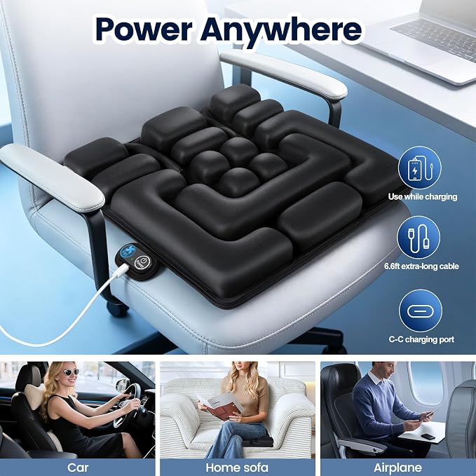 Inflatable Airplane Seat Cushion for Long Flights with Dual Airflow Fans | Portable Travel Cushion Airplane Seat for Air Travel, Office, Car and Wheelchair Rechargeable with Ergonomic Support - Image 8