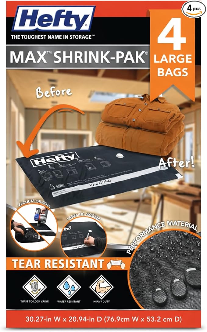 Hefty MAX Shrink-Pak Vacuum Seal Storage Bags for Clothing, Travel, Bedding | Tear & Water Resistant, Dual-Valve Space Saver Compression Bags - Large, 4-Pack by HeftyShrinkPak