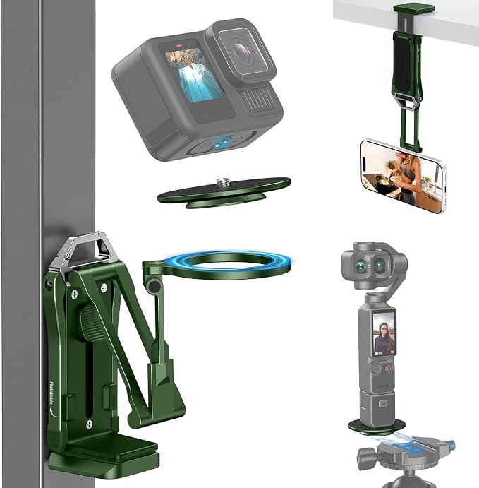 OMOTON TP02-Ultra Magnetic Action Camera Mount for DJI/GoPro iPhone，Green | Arca-type Adapter with 1/4" Screw, 4 in 1 Phone Tripod for Travel Vlog, Adjustable & Swivel, for iPhone 12-17 Series by OMOTON