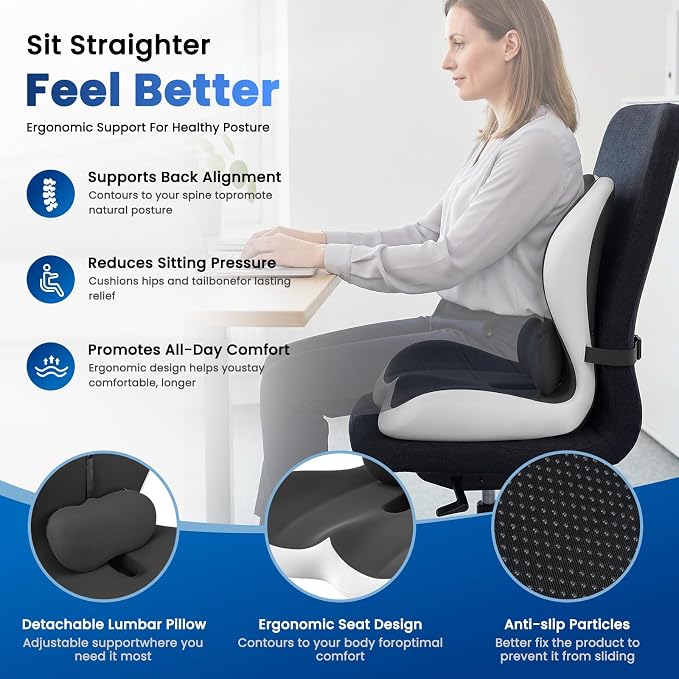 Large Car Seat Cushion with Lumbar Support Pillow for Long Sitting | Hollow Design for Coccyx, Reducing Sciatica Pressure, Tailbone & Lower Back Comfort, Memory Foam Cushion, Non-Slip for Chair - Image 4