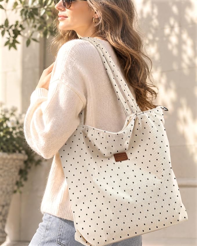 Aesthetic Corduroy Tote Bag with Zipper for Women | Reusable, Fits 14 Inch Laptop, Inner Pocket, double-sided print, Lightweight - Image 2