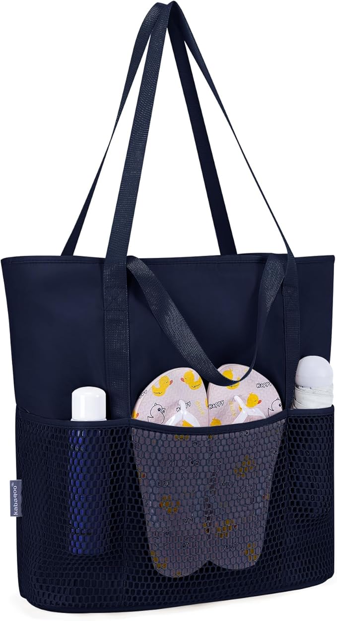 KABAQOO Large Beach Bag Waterproof Sandproof Tote Bag for Women with Zipper & Mesh Pockets for Pool Swim Travel Everyday | waterproof by KABAQOO