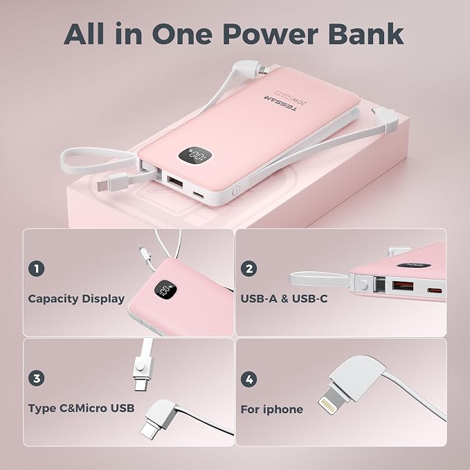 Portable Charger with Built in Cables,TESSAN 10000mAh Power Bank Fast Charging with Foldable Wall Plug Charger, PD20W Compact Battery Pack Travel Essentials for iPhone 17/16/15 Series,Samsung,Tablets | PD20W USB C Fast Charging with Foldable AC Outlets... - Image 7