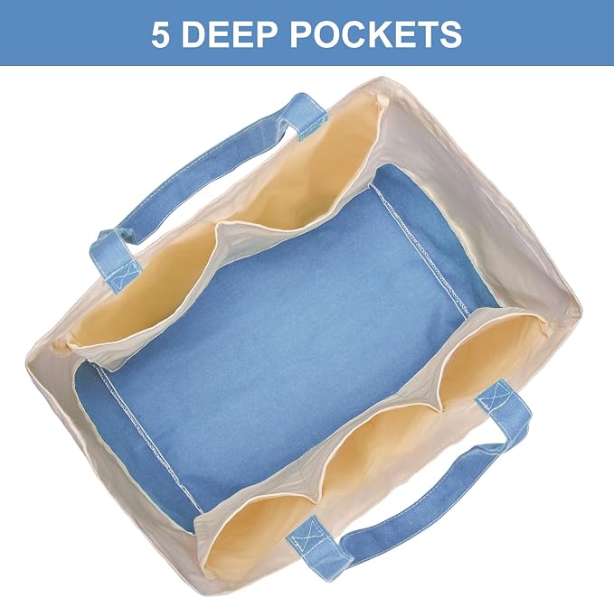 Reusable Grocery Bags Heavy Duty, 8.3 gal Foldable Large Canvas Tote Bag with Handles, Holds 60 lbs Canvas Shopping Bags, 1 Pack（Off White+Light Blue） - Image 6