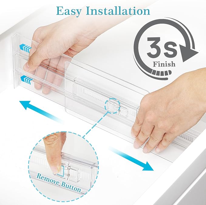 Vtopmart 4" High Drawer Dividers for Clothes, 13"-22" Adjustable, 4 pack | Expandable Dresser Drawer Organizer, Clear Plastic Separators for Dresser, Baby Clothing, Underwear, Cosmetic, Toiletries - Image 6