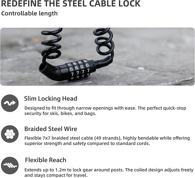 Small Retractable Cable Lock with Code, 4 Digit Combination Lock Outdoor Travel Essentials for Ski Snowboard, Luggage, Suitcase, Motorcycle Helmet, Kids Bike, Stroller Anti Theft, 2-Pack - Image 3