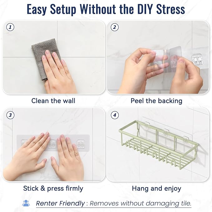 8 Pack Adhesive Rustproof Shower Caddy with Soap Dishes, Toothbrush Holder & Hooks, Large Capacity No-Drilling Shower Shelves Rack for Bathroom Organizers and Storage Accessories, Green - Image 6